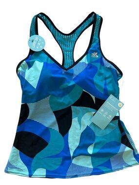 ZeroXPosur Women's Blue Teal Pattern Raceback Swim Tankini
Top Size S UPF 30